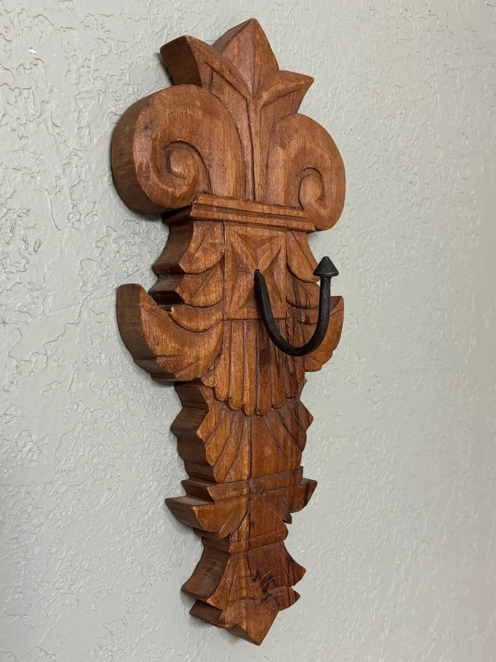 Large Rustic Solid Hand Carved Wood Wall Coat Keys Entryway Hook VTG 14.75”X6.5”